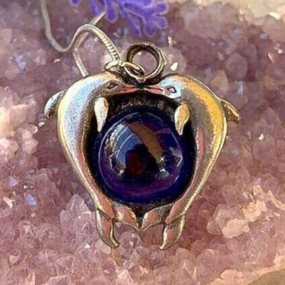 VTG Kissing Dolphins Cobalt Blue Art Glass Pendant - Picture 2 of 7